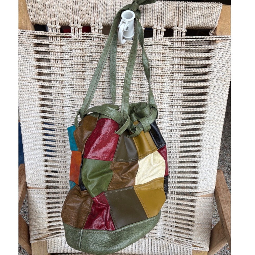Vintage Patchwork Leather Bucket Bag Drawstring Boho Tote Small - Picture 1 of 6